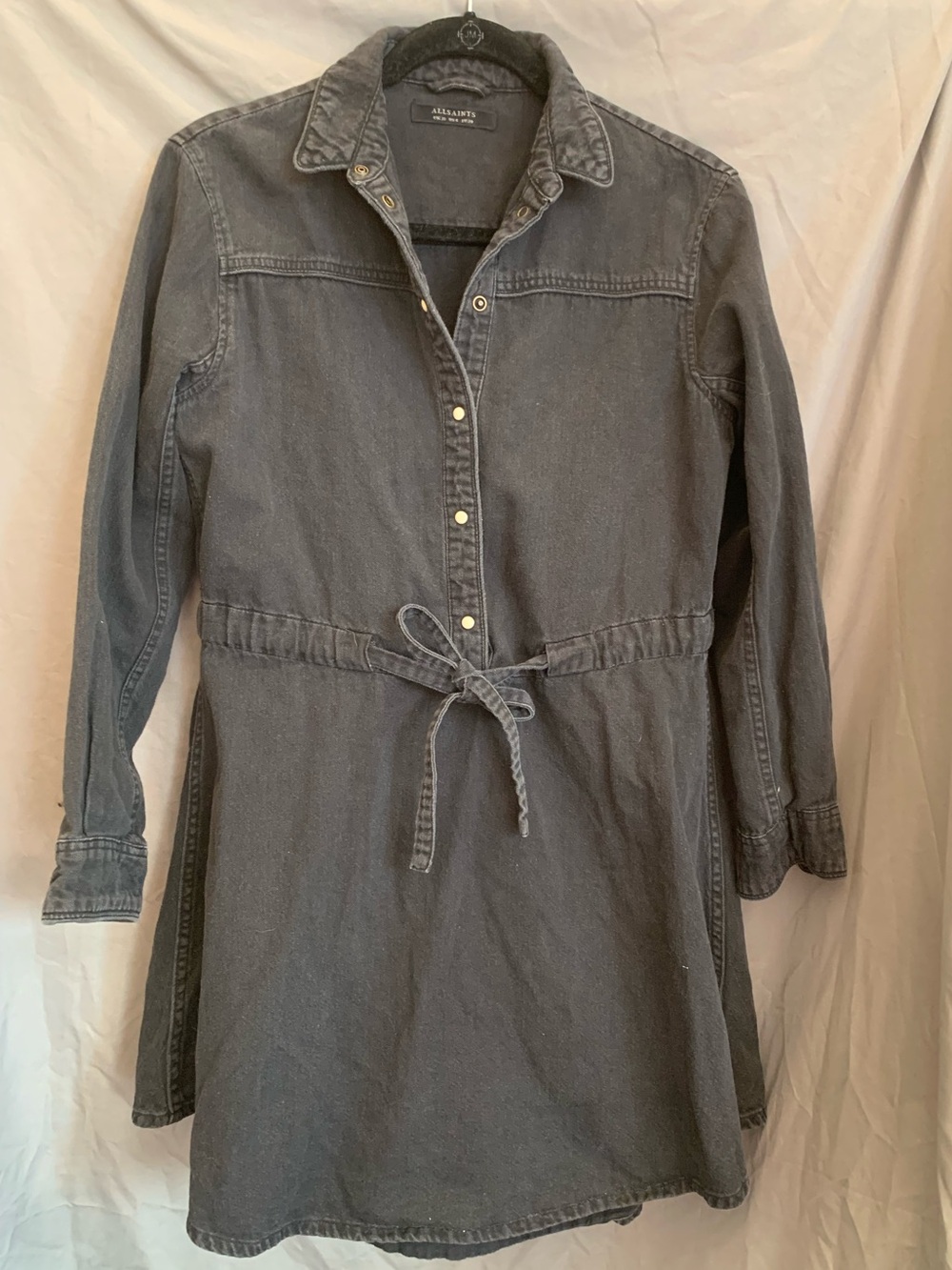 All Saints Sanko Washed Charcoal Shirt Dress with Tie Waist